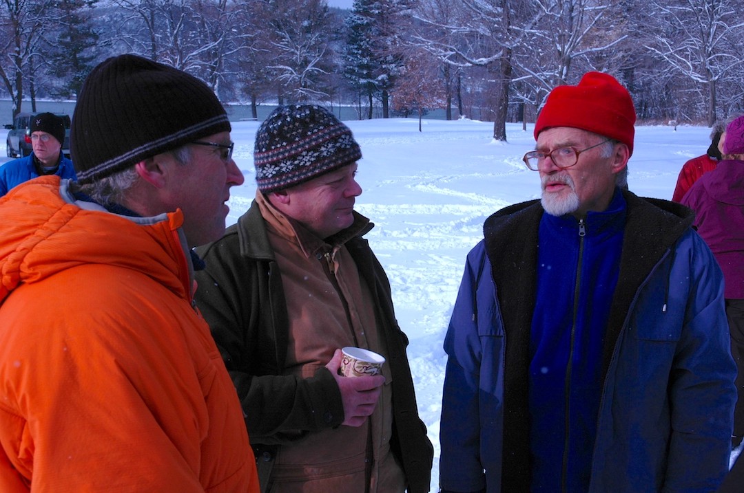 Pete Cleveland, at right, at a memorial for a friend.