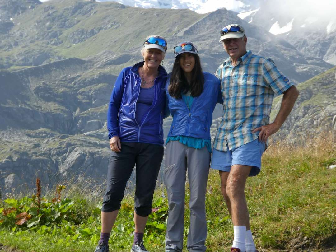 A famiily day: Paulina Vander Noordaa, Tashi Jackson (daughter of Dick and Paulina), and Dick Jackson in the Swiss Alps near Grand Combin Glacier, August 2018. 
