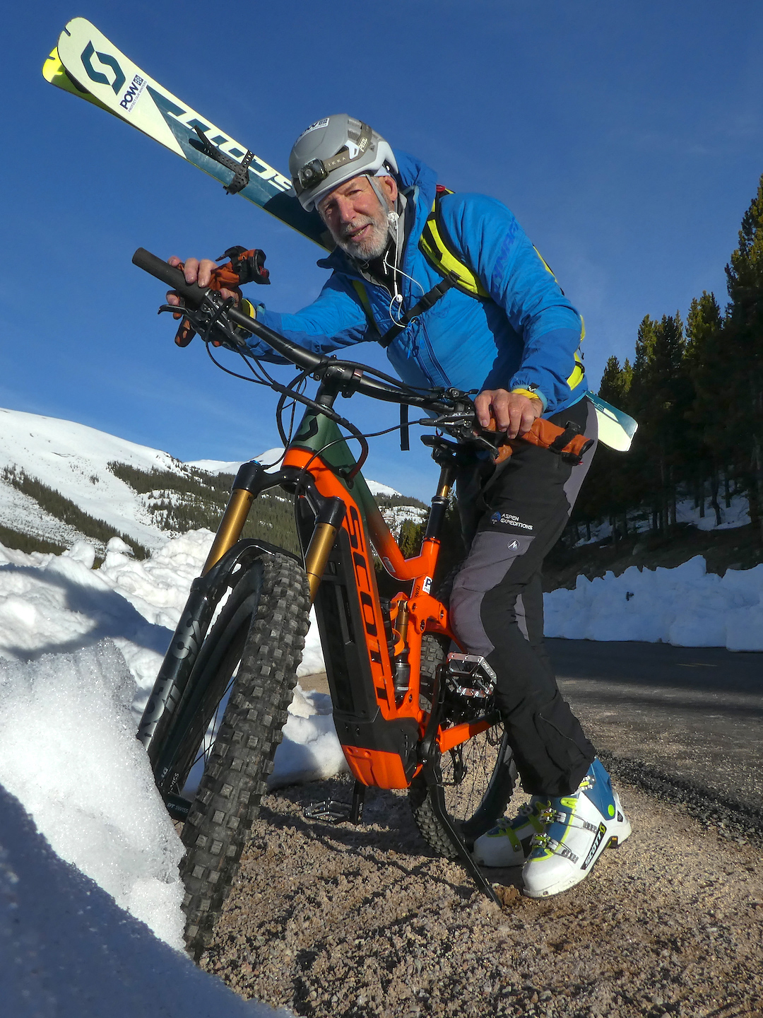 Dick Jackson at age 70 e-bikes up to Independence Pass to ski, May 2020.