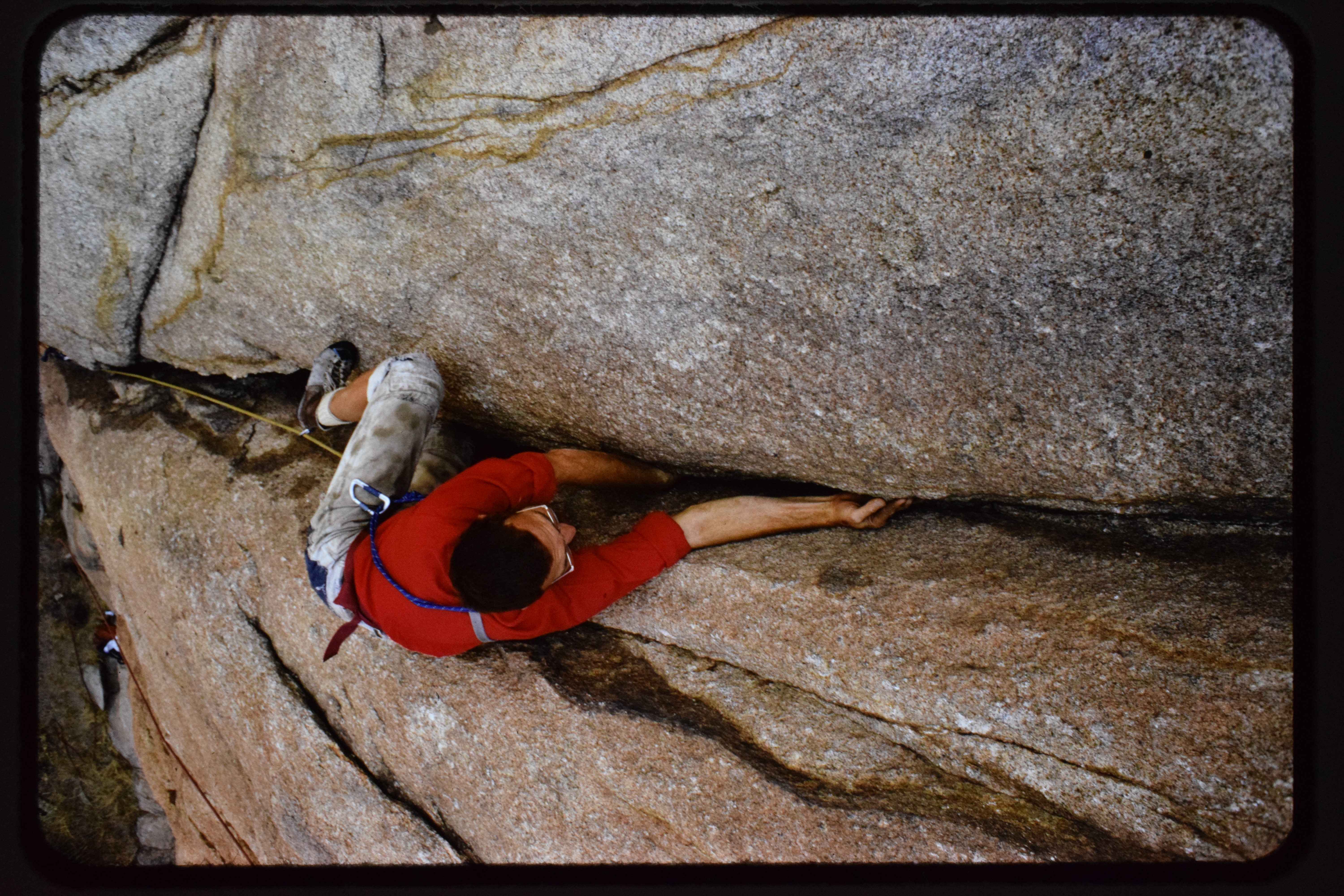 Rusty Baillie was a strong rock climber and first ascensionist active on several continents and across North America. Here he is shown on Thank God (5.11c) at the Granite Dells, Prescott, Arizona, in 1971.