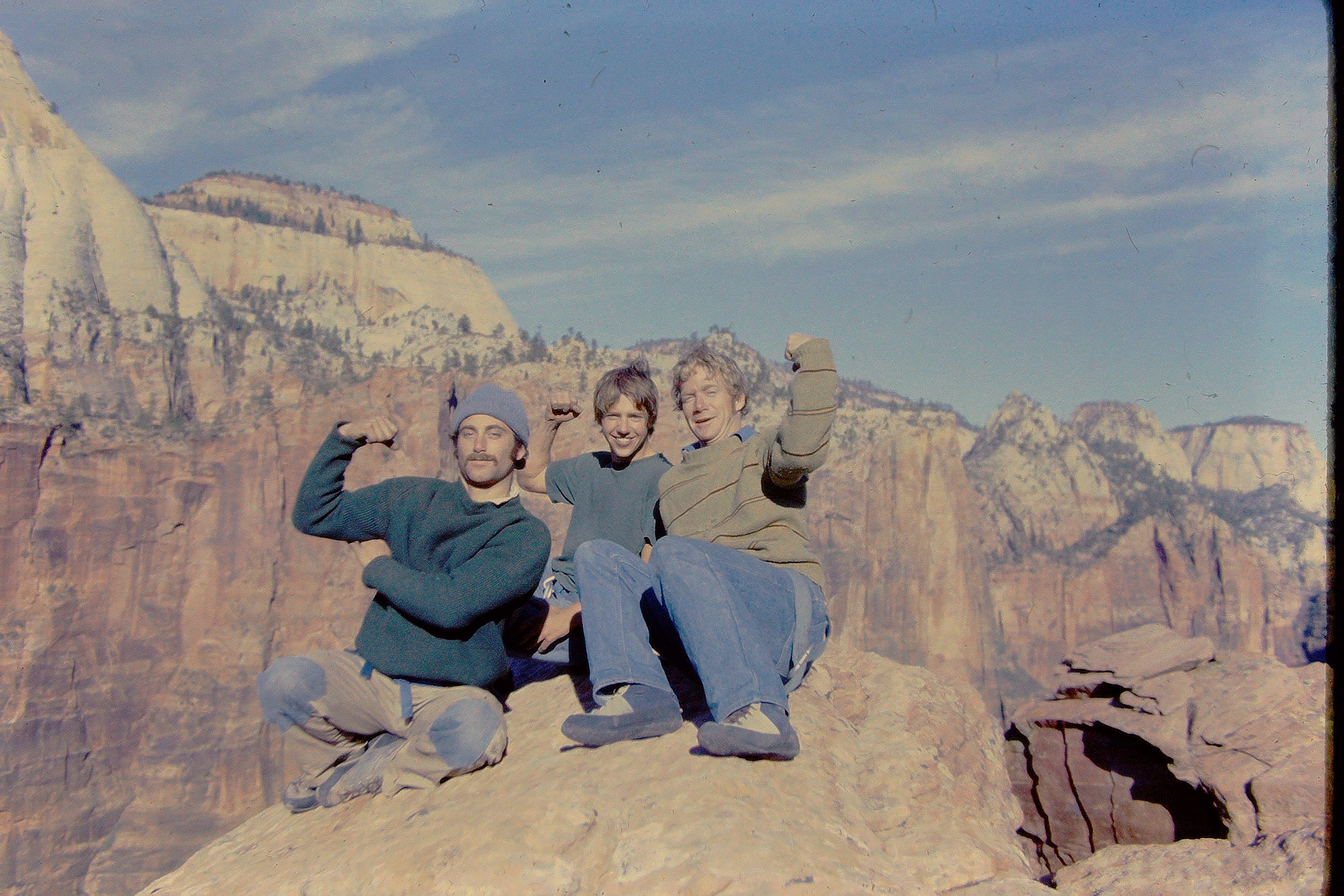 Ron, Terry Lien and Les Ellison on the summit, second ascent Touchstone, in Zion, 1970s. This photo previously unpublished. 