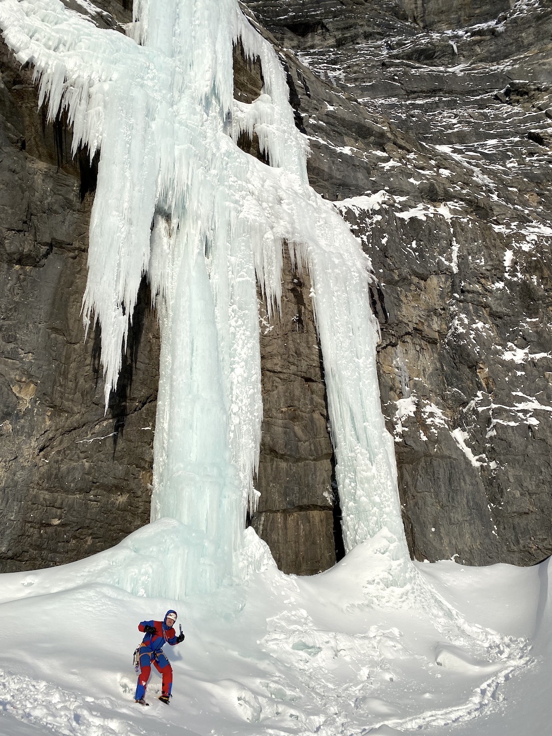 Balin Miller getting jazzed up to climb Oh Le Tabernac on Mount Wilson in the Canadian Rockies.