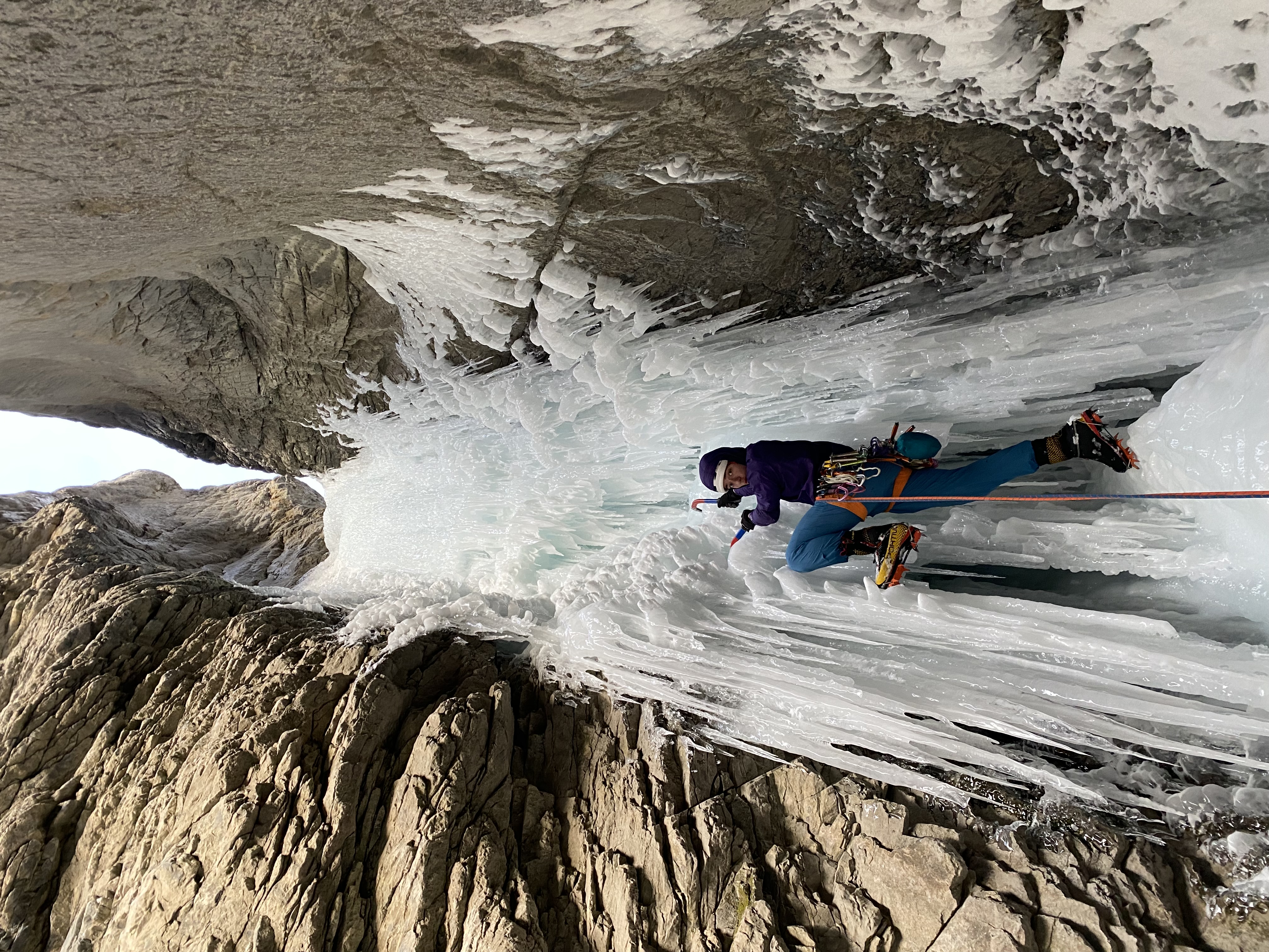 Balin Miller starting up Urs Hole Direct on Cascade Mountain, Banff National Park, Alberta, Canada, just moments before one of his crampons broke mid route. Thanksgiving Day, 2022.
