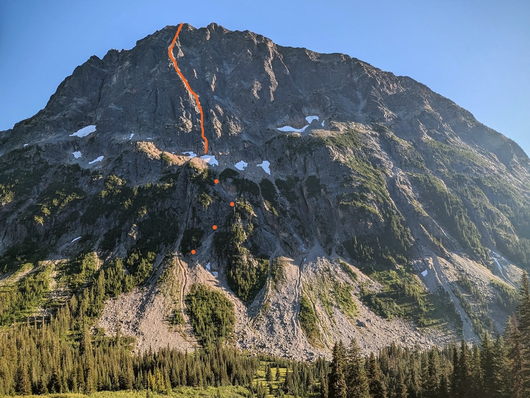 The Central Buttress (1,600’, III 5.7) on the north face of Arches Peak, familiarly known as Little J-Berg. 