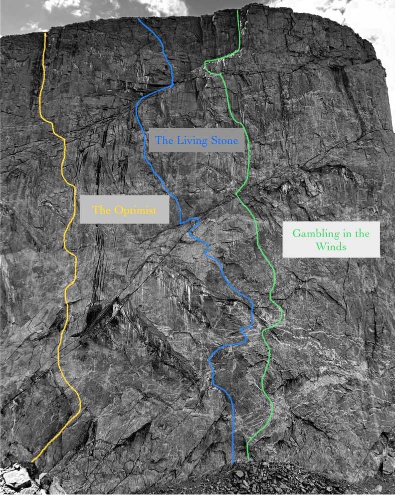The northeast face of Mt. Hooker, showing the new route The Living Stone in relation to two other recent routes, The Optimist and Gambling in the Winds. Other routes are not shown.