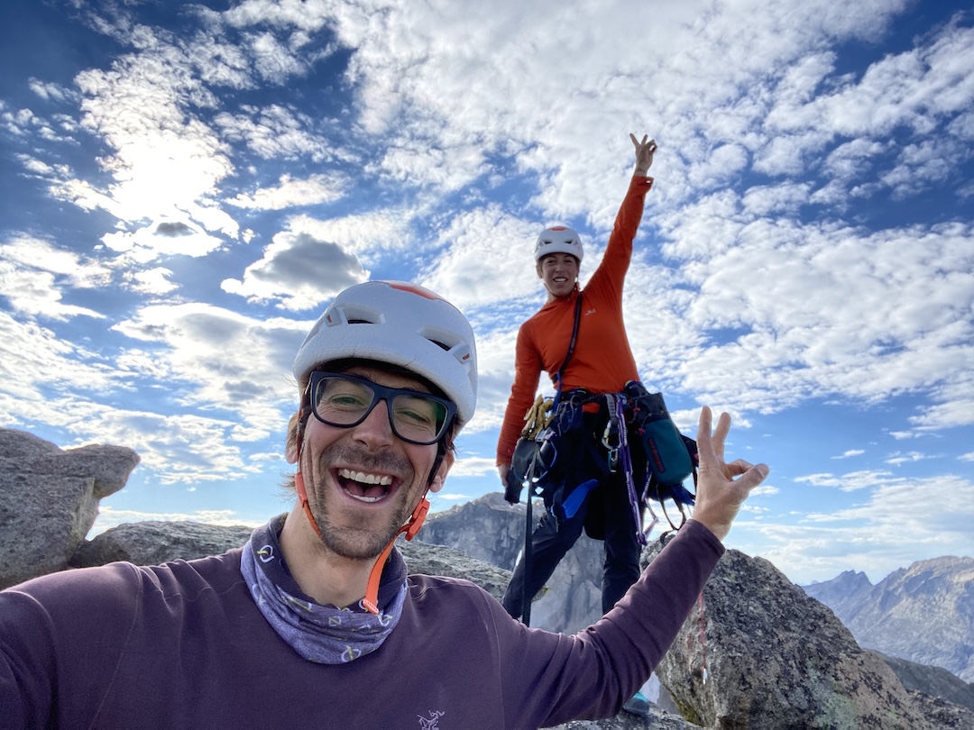 Maximilian Barlerin and Keiko Tanaka on the summit of the Monolith after the first ascent of Children of the Sun (then called 1988) in 2022.