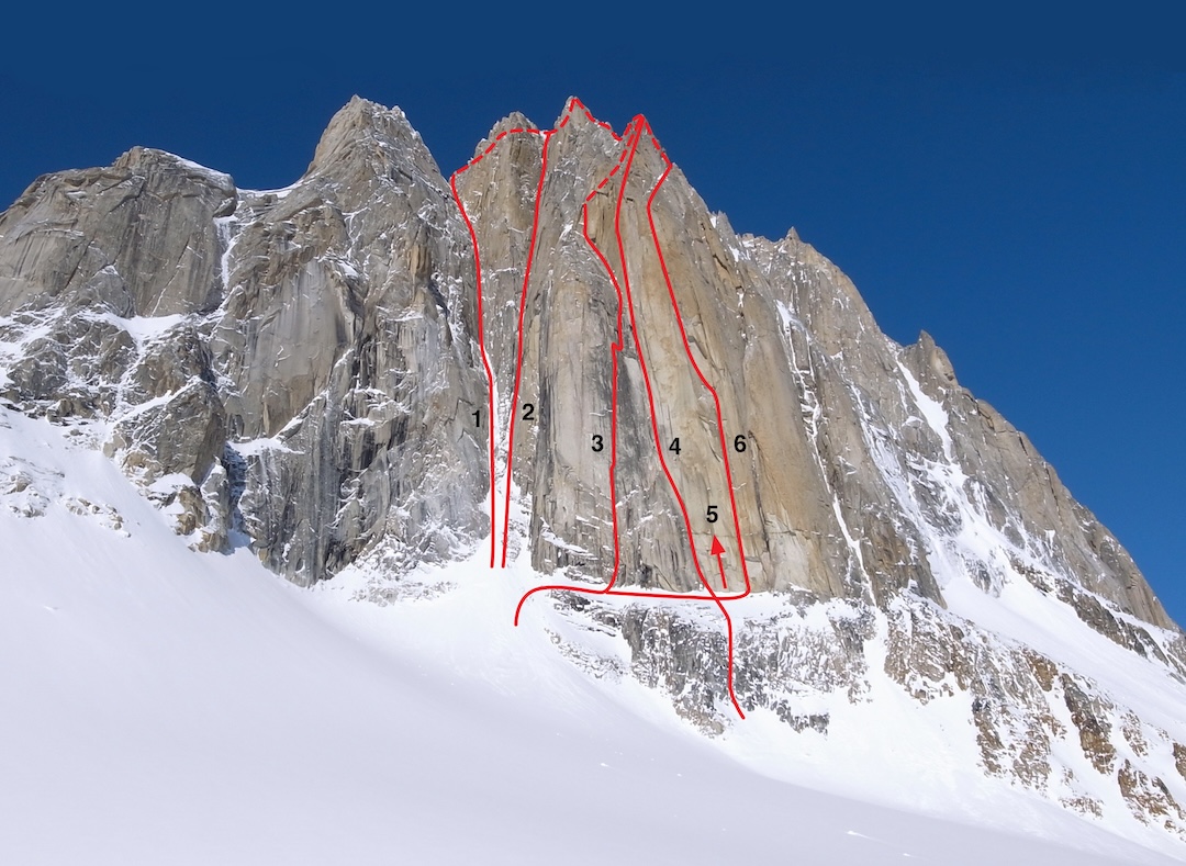 The east side of the Citadel, above the Shadows Glacier, showing approximate lines of (1) Hypa Zypa Couloir (2013), (2) Supa Dupa Couloir (2003), (3) Babies’ First Big Wall (2025), (4) Last Cry of the Butterfly (2003), (5) the start of Off the Wall Madness (2002), which joined East Buttress partway up, and (6) East Buttress (1976). Routes 3 and 5 stopped on the foresummit; the others continued to the highest point. 
