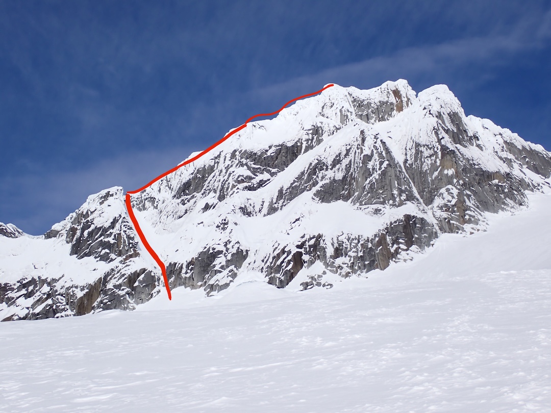 The Sixth Mendenhall Tower in winter 2025 with the line of Butter Snickers. The route was first climbed in summer 2019 and later repeated in winter 2023. 