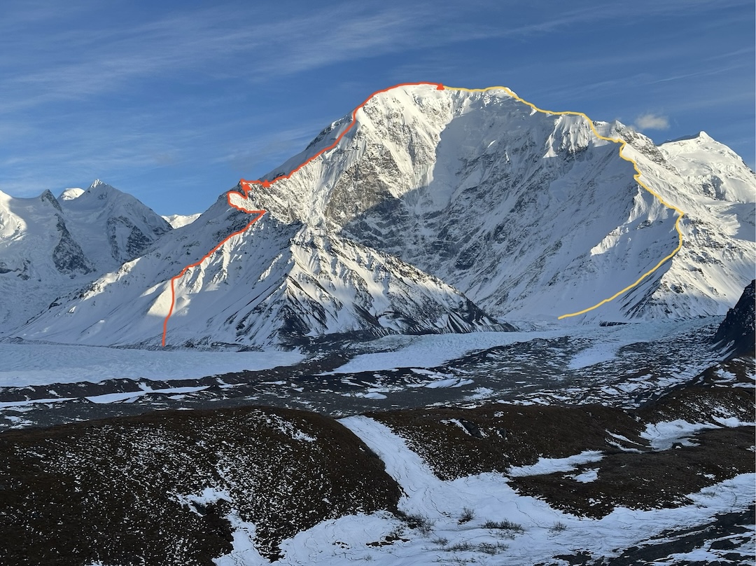 The north side of Mt. Moffit, with the red line showing the first ascent of the northeast ridge—the Enthalpy Ridge—climbed over three days in April 2025. The route gained about 2,600 meters to the 3,969-meter summit. The team descended the northwest ridge (yellow line), traversing the mountain. The big wall in the center was climbed by Jed Brown and Colin Haley in 2006. 