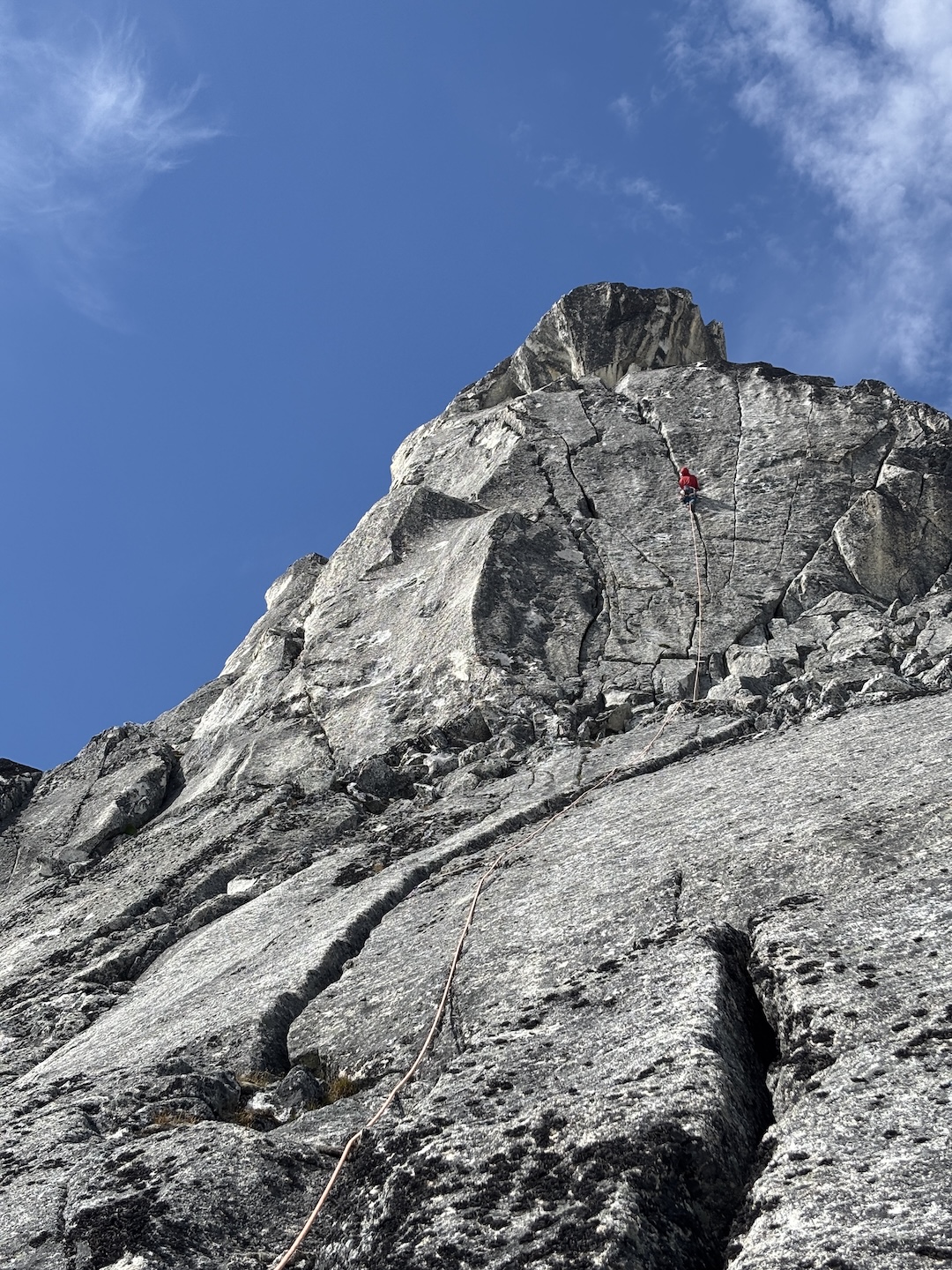 Tristan O’Donoghue climbing high on Ketamine Arête on Stimulation Wall. 