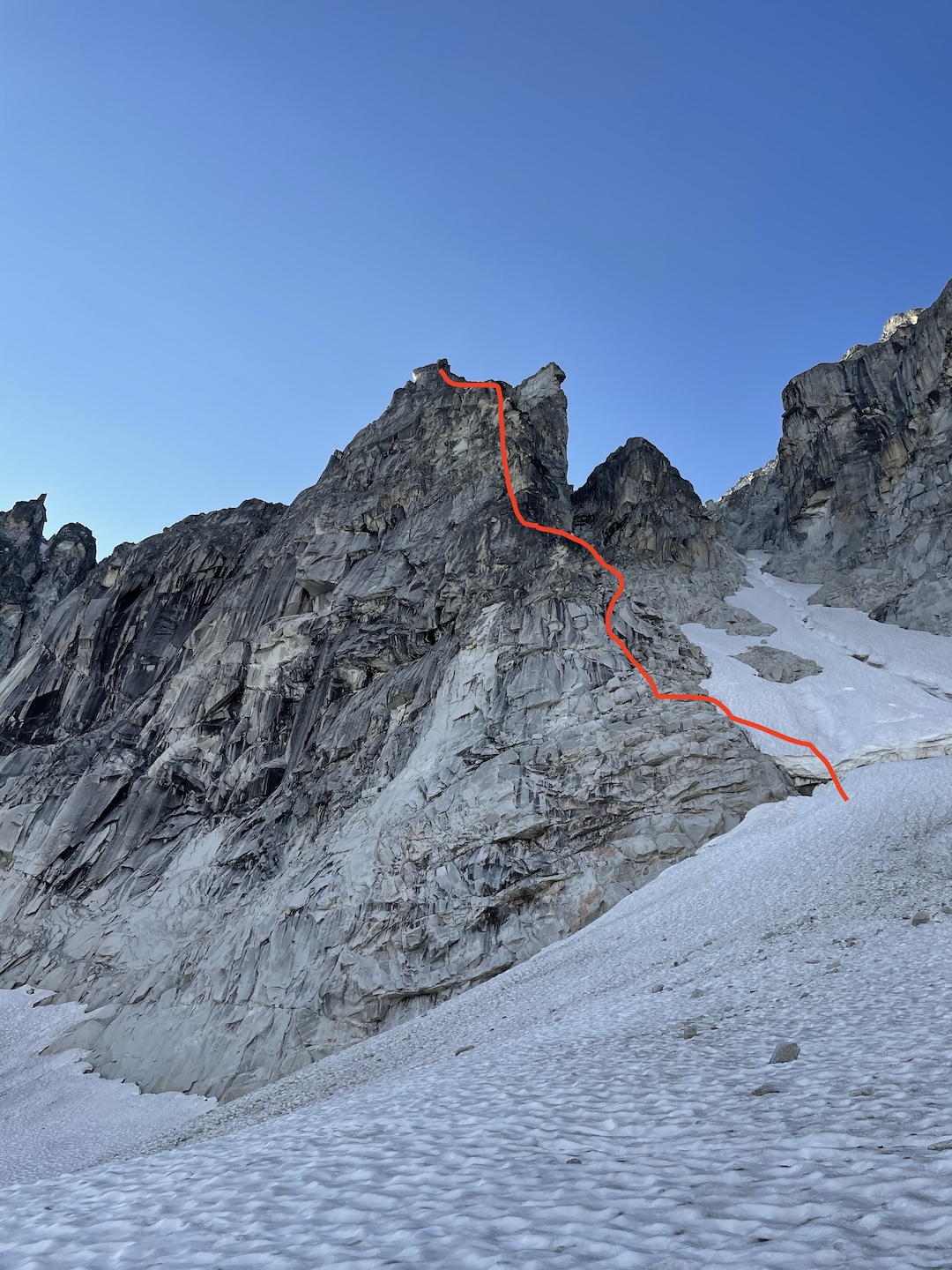 The route line of Ketamine Arête (1,300’, IV 5.10c) on Stimulation Wall, established by Tristan O’Donoghue and Ethan Berkeland in summer 2025. 