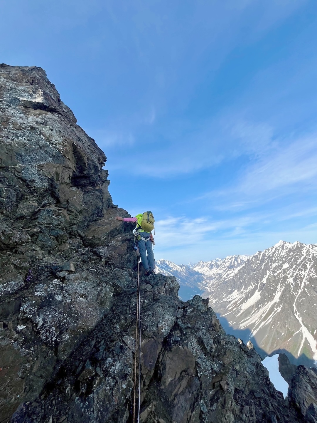 Travis Powell climbing classic Chugach choss on the south ridge of Little Podju. 