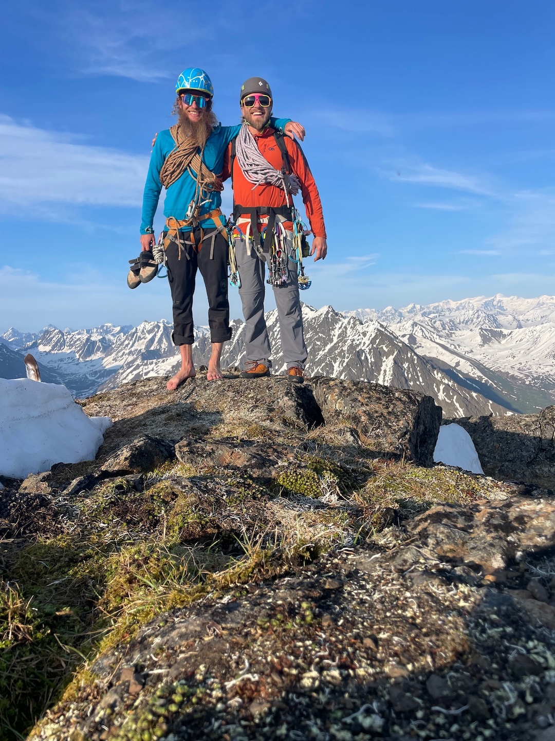 Joda Hankins (left) and Travis Powell on the summit of Little Podju, having made the first known ascent of the peak.