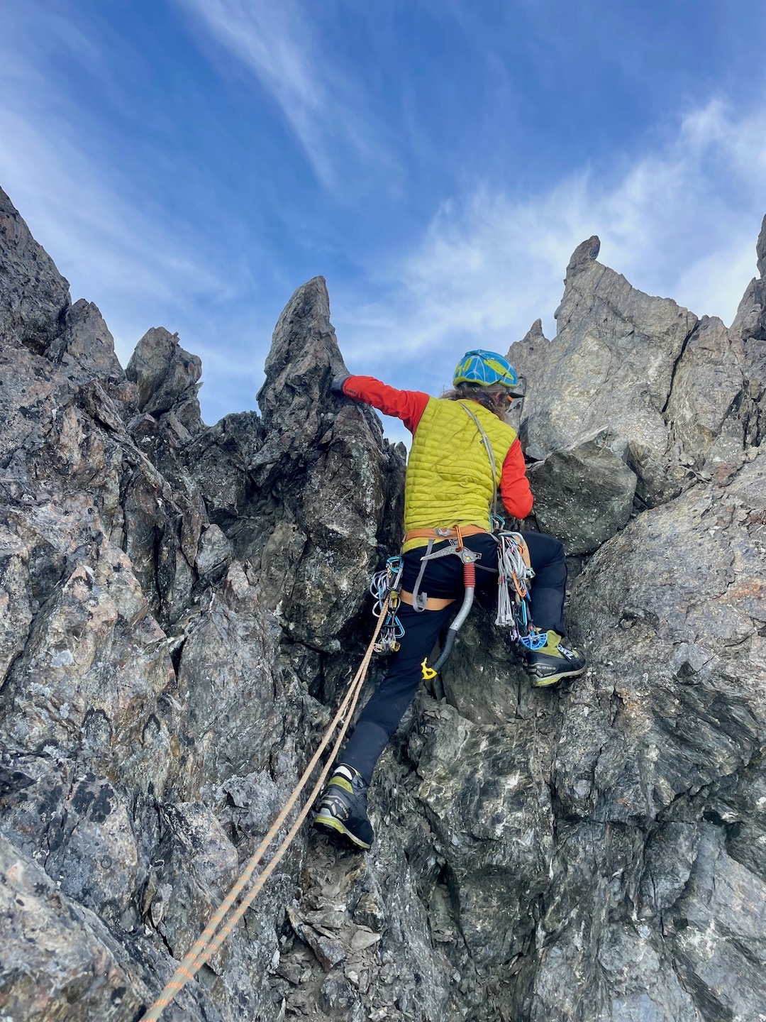 Joda Hankins busts a move on McAlpine Peak.