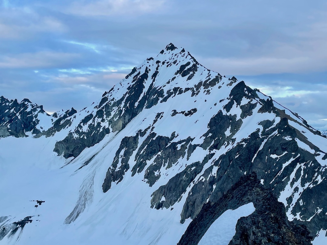The north face of Big Ramp as seen from McAlpine. The team followed the snowy ridge connecting the two peaks.