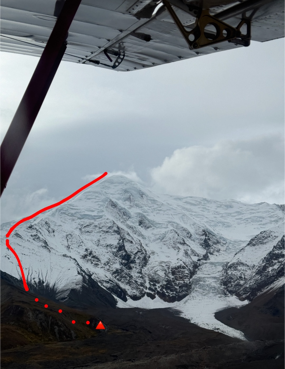 The northwest face of Peak A-112 (Peak 10,515’) as seen from the approach flight. Benjamin Lieber and Devin Wilson made the first ascent of the north ridge (left skyline) on September 3, 2024. 