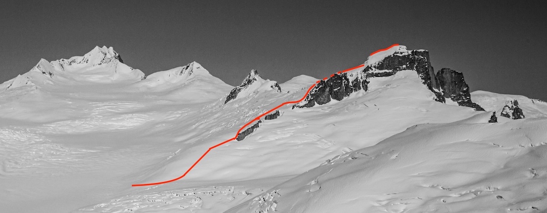 Mt. Pratt (7,950’) from the west as seen from an aerial flight conducted April 28, 2009. The first recorded ascent of the mountain, in May 2025, was via the Northwest Glacier (shown). The leftmost peak is Kates Needle (10,016’).