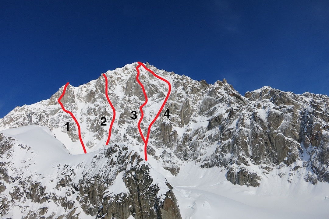 The south side of Mt. Providence (11,200’), with (1) Outside Providence (Anderson-Hall, 2016), (2) Divine Providence (Johnson-Piggott, 2004), (3) Journey Through the Castle of Providence (Marin-McCrea-Pfaff, 2025), and (4) Hall-Lewis-Ramsden Route (1997).