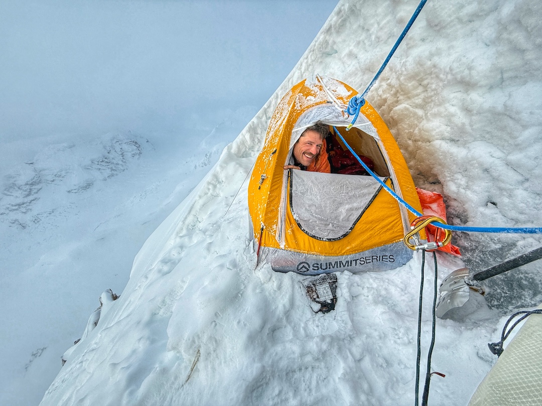 Tad McCrea at the bivy on the south face of Mt. Providence. 