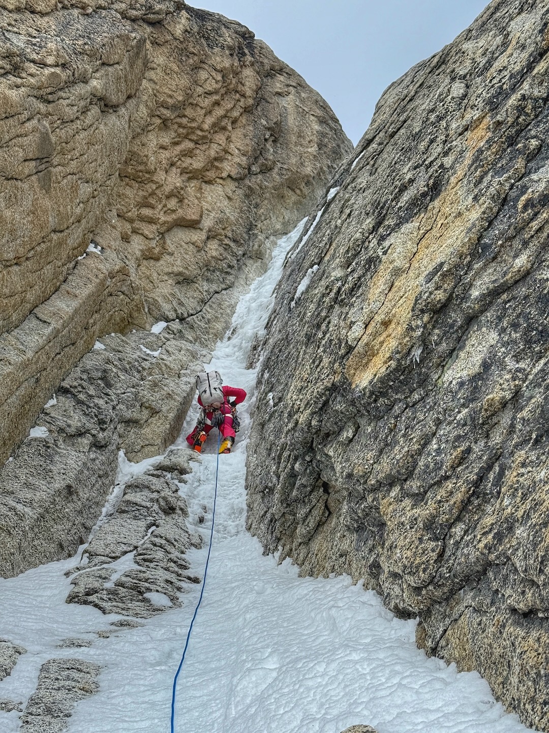 Anna Pfaff starting up a beautiful ice runnel on the south face of Mt. Providence. 