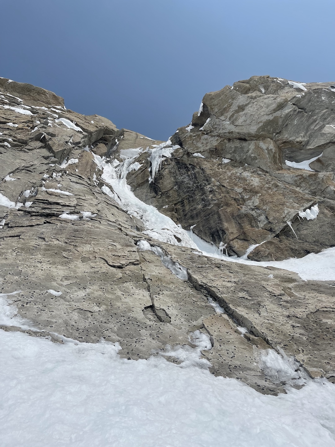Looking up at the first crux of the Slovak Direct on the south face of Denali. 