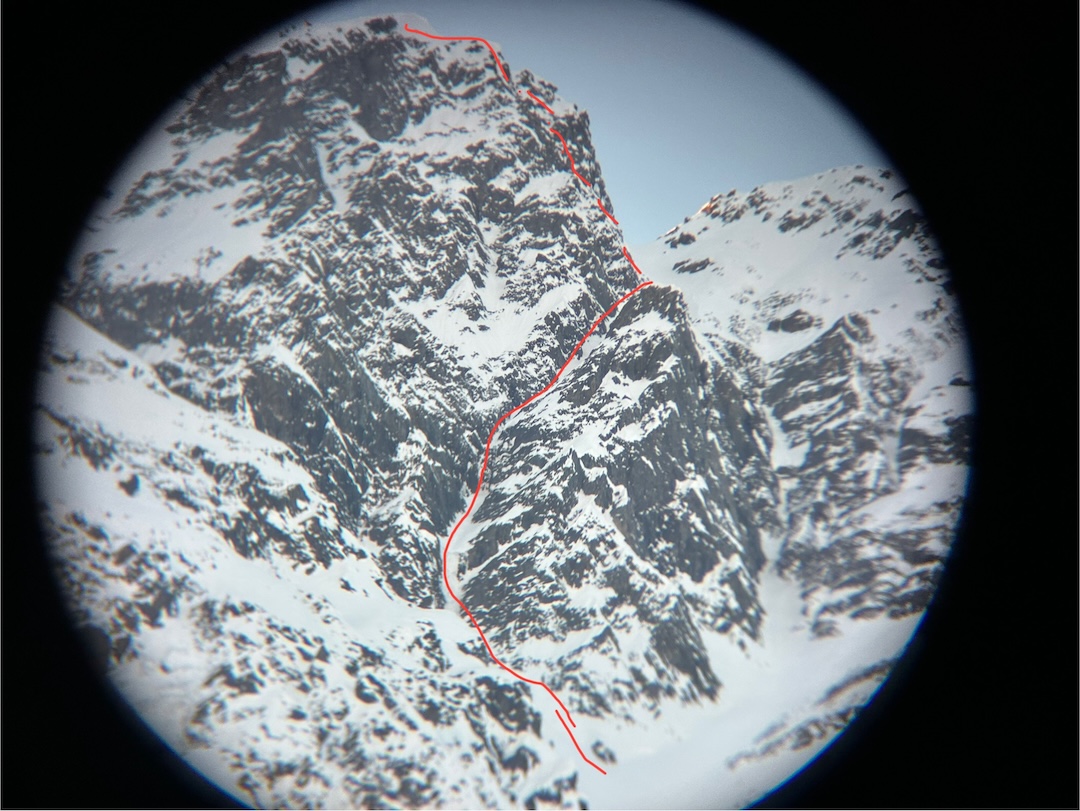 The line of Blood and Sand (1,800’, AI4 M4) on the east face of South Mile High Peak.