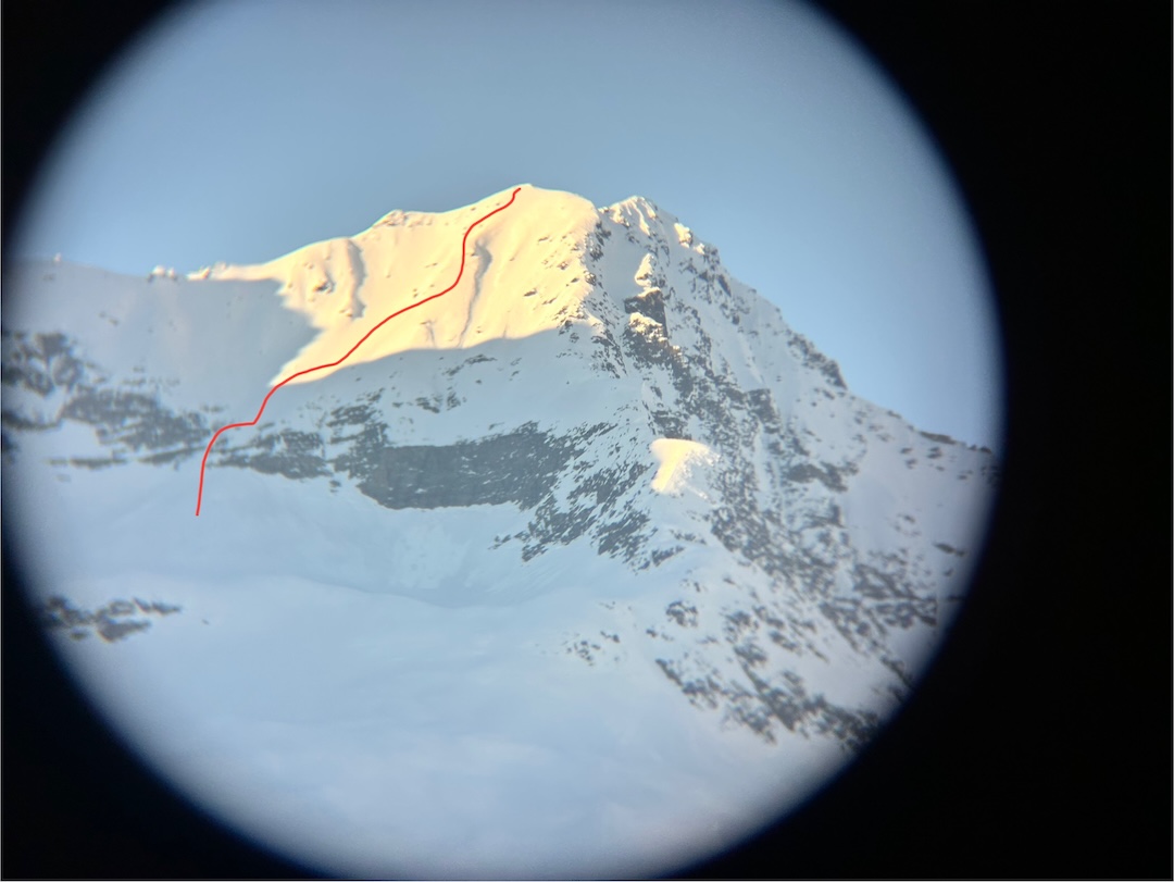 The line of the splitboard descent of the south face of South Mile High Peak.