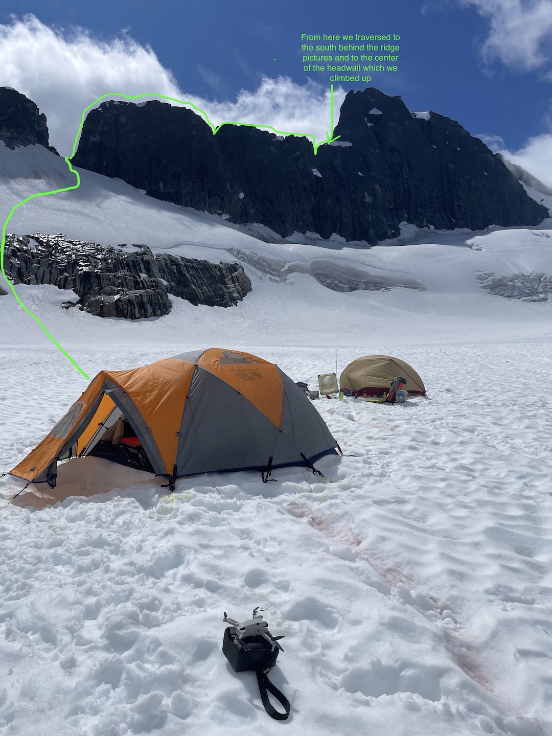 The view from base camp on the “Peyote Glacier” to the route on the east ridge of the Trickster. 