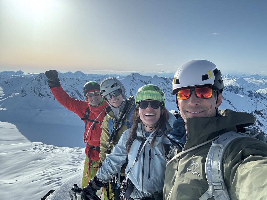 Tim Stephens, August Franzen, Lauren Brand, and Ryan Hokanson (left to right) on the summit of the Tusk. 