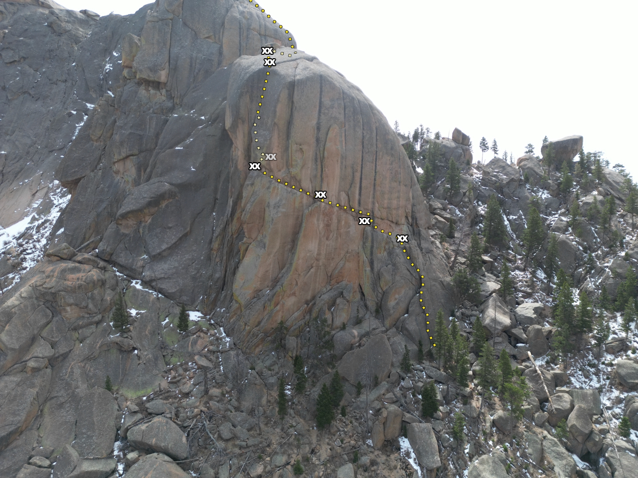 The line of Ends of a Dream, moving right to left across the north face of Baby Helen's Dome.