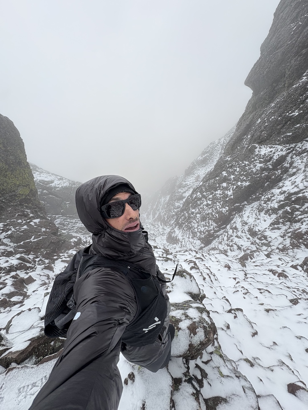 Kilian Jornet descending a snowy Crestone Peak in Colorado’s Sangre de Cristo Mountains.