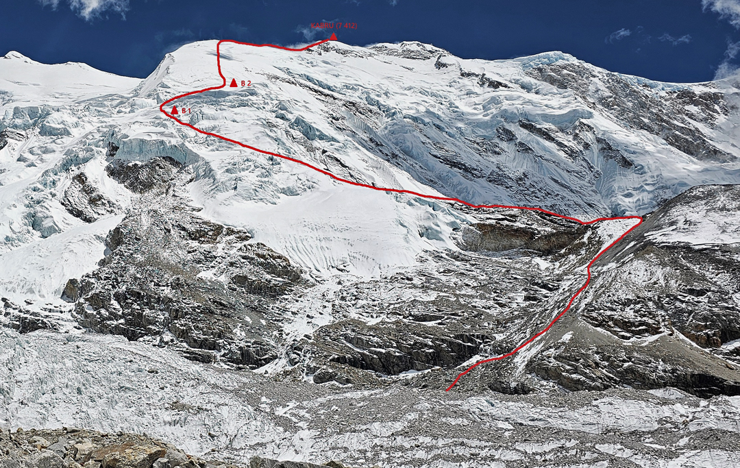 The new route Himalayan Trad (2025) on the northwest face and north ridge of Kabru (7,412m), seen from the Yalung Glacier. The peak on the far left, Talung (7,349m), was climbed in 1964 by a similar route through the icefall then continuing the traverse to the north. 