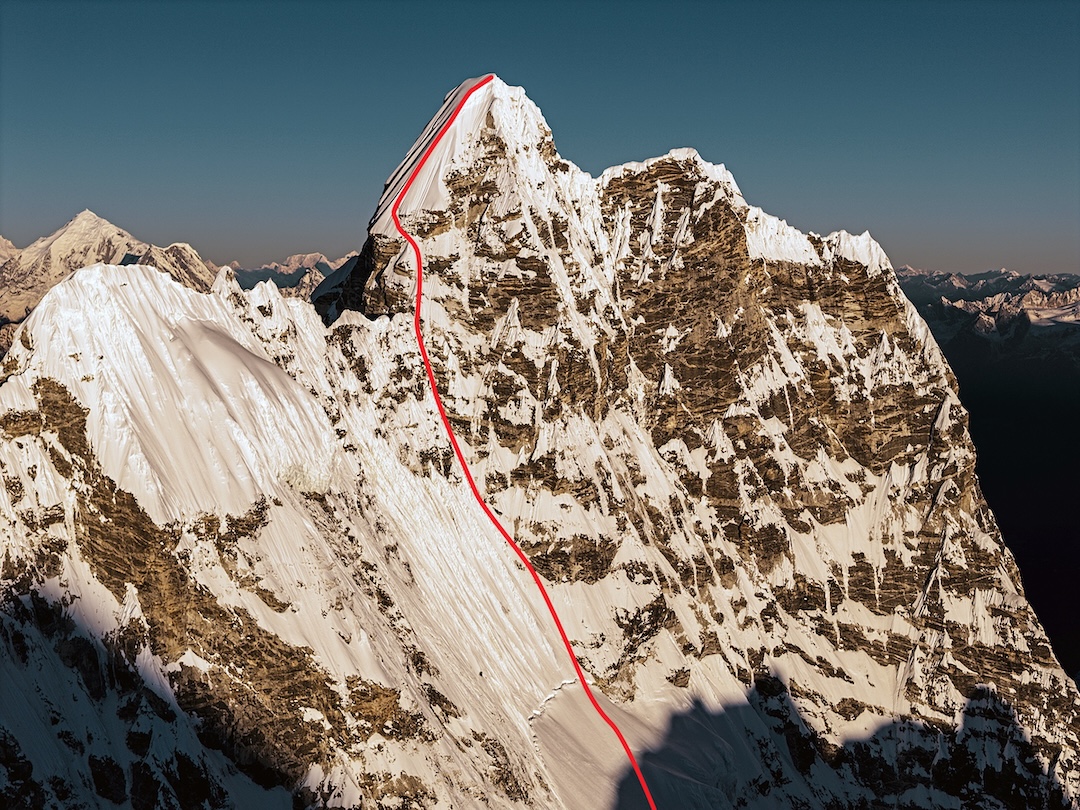 The east face of Kimshung and the route of the first ascent via the couloir and south-southeast ridge. 