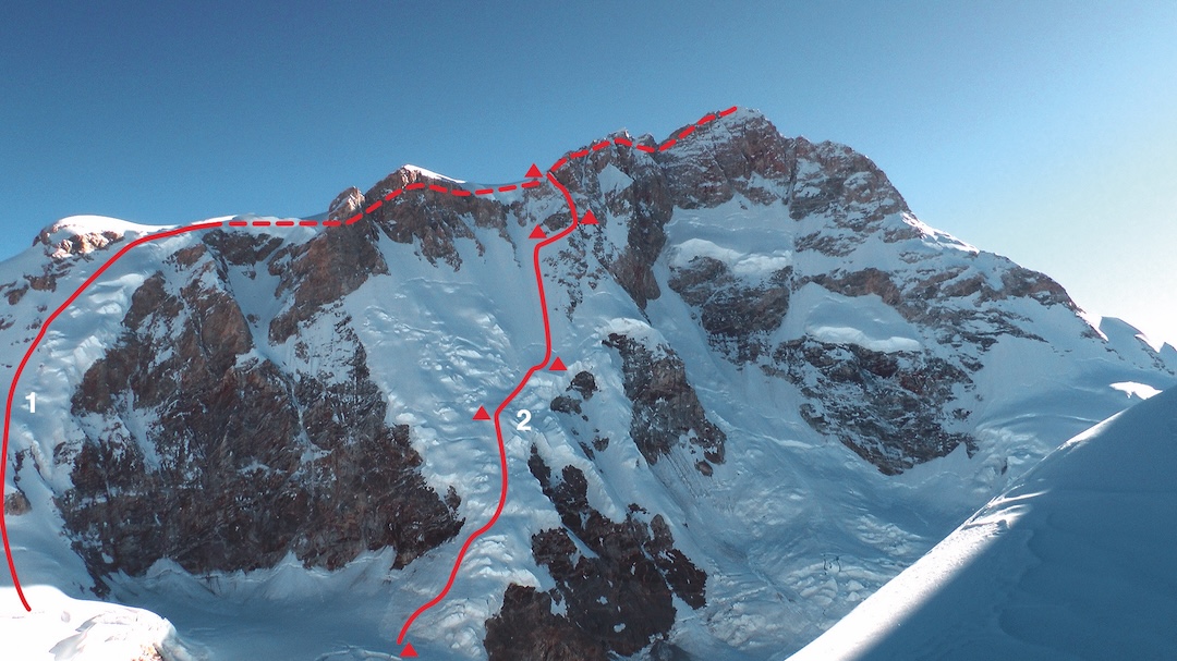 Manaslu from the southwest. (1) The Tyrolean route (1972), descended by the 2025 team. (2) The 2025 Russian route, showing camps on the face. The bivouac at the foot of the face was their fifth night out from base camp. Returning to base camp from the summit took another five nights. The south ridge is on the right. 