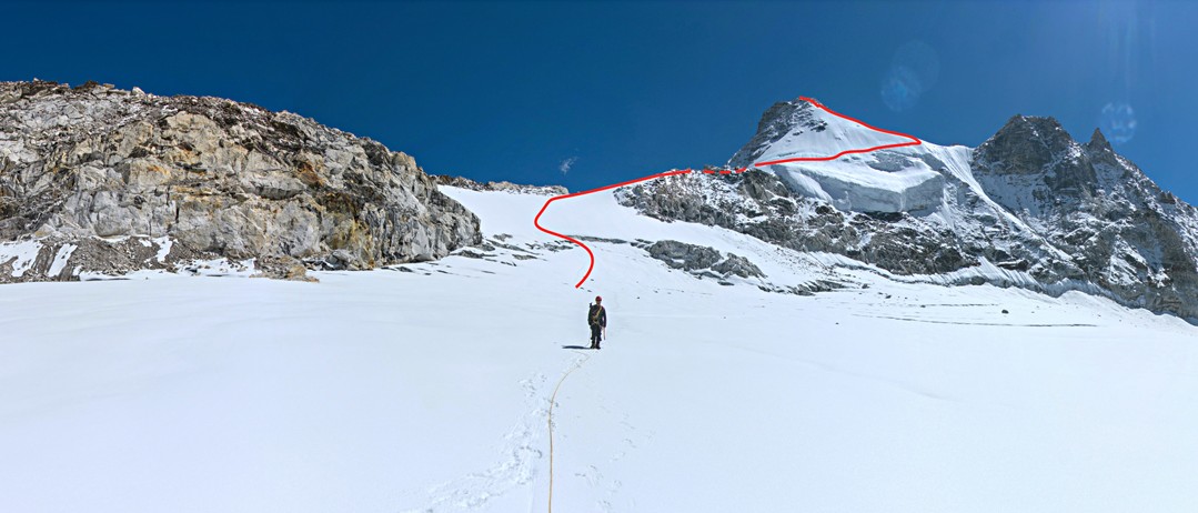 Seen from the glacier west of the north ridge of Sumna Himal (6,084m), the 2025 route made a long traverse across the north face to finish up the west ridge. 