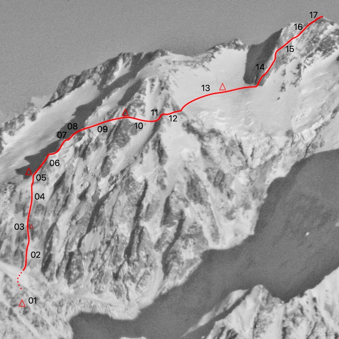 General view of the 2025 route on the northwest face of Nanga Parbat, with bivouacs.