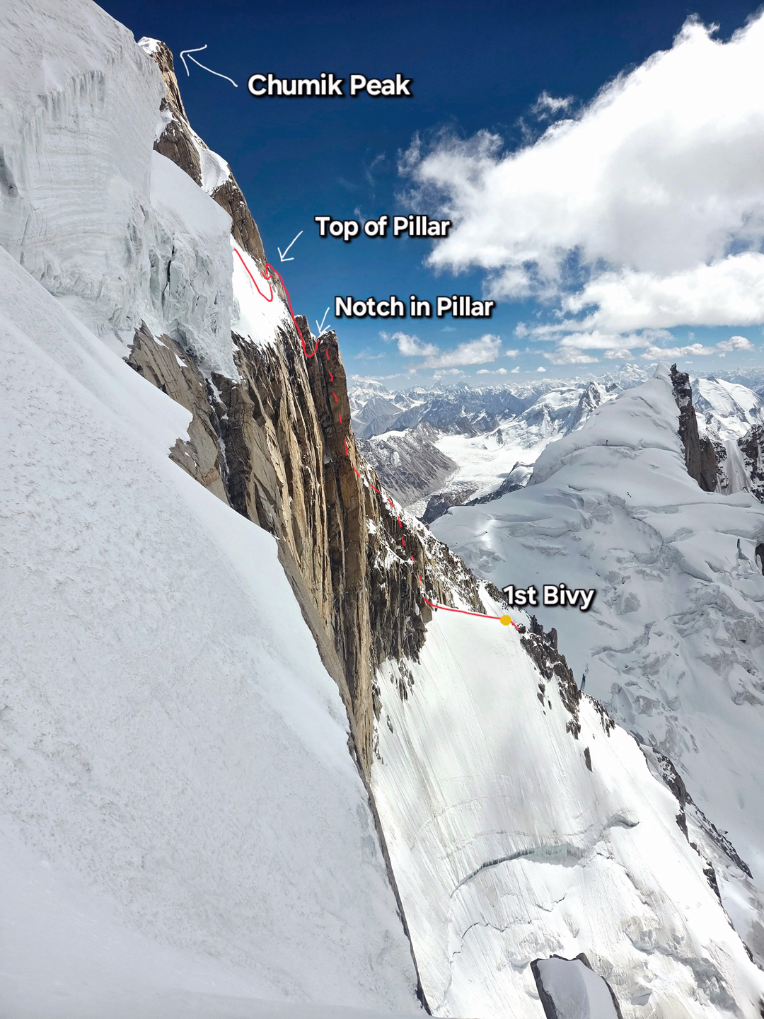 Looking east across the top section of the south face of Chumik Kangri (6,754m) during the descent by the west ridge.