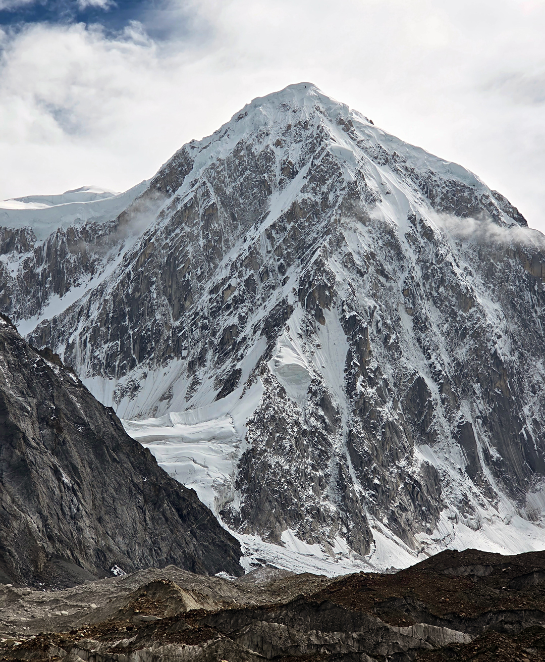 Unclimbed Gharkun (6,620m), with the north face on the right and east-northeast face to the left.