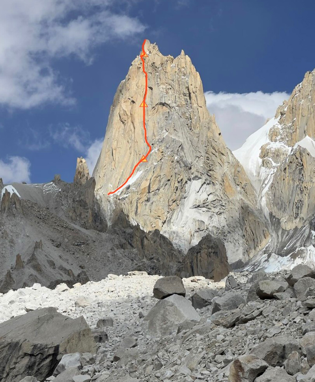 The west face of Sangar Tower and the route of the first ascent, Sabertooth Direct.  
