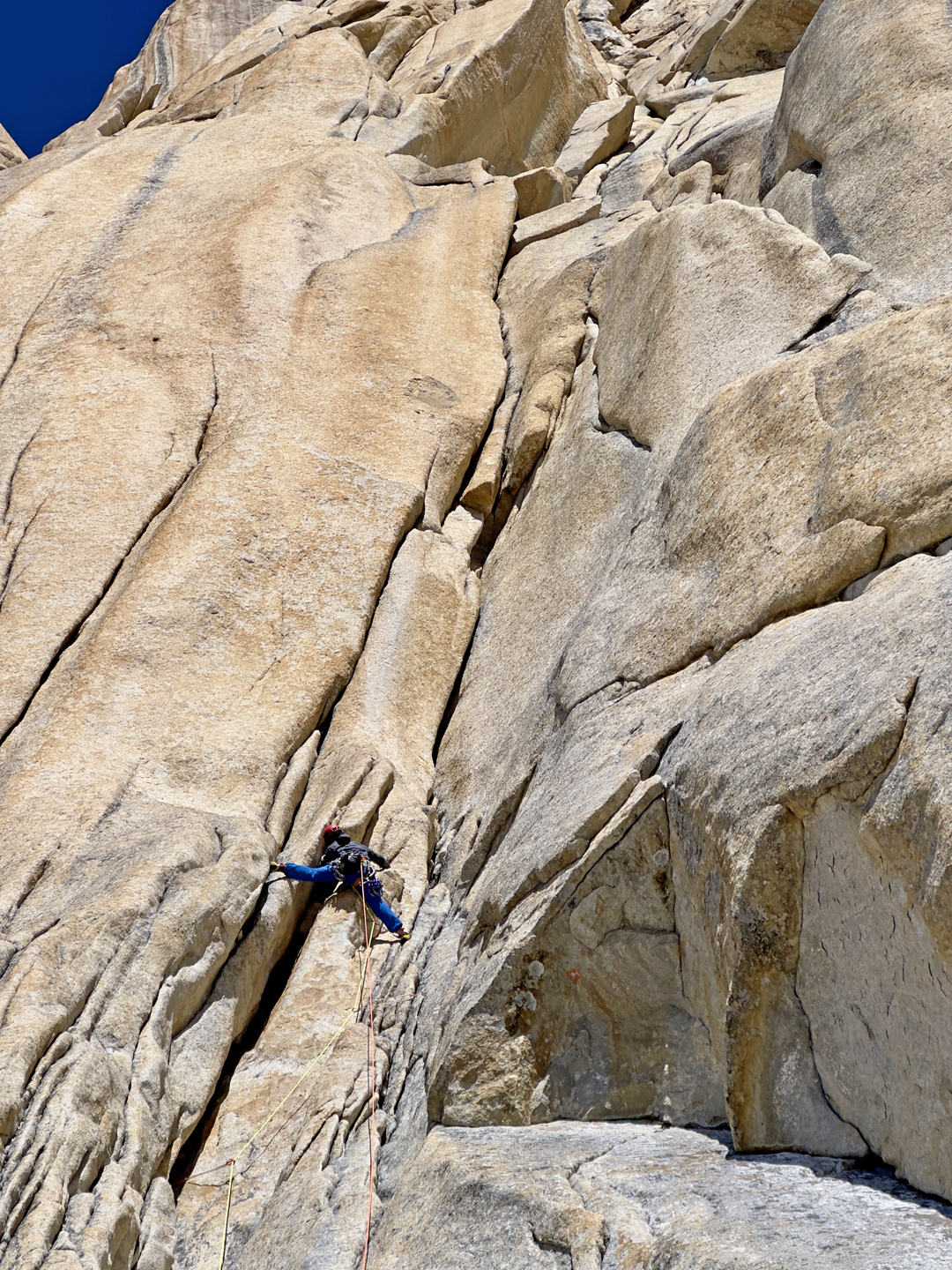 Quality granite on the second day of Sabertooth Direct on the west face of Sangar Tower. 