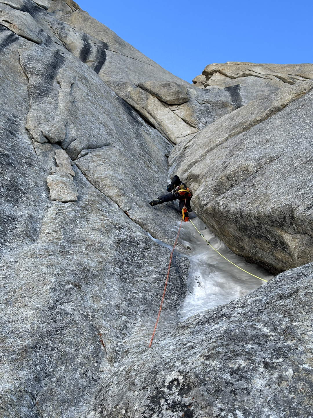 An icy chimney on the west face of Sangar Tower during the second day of the ascent. 