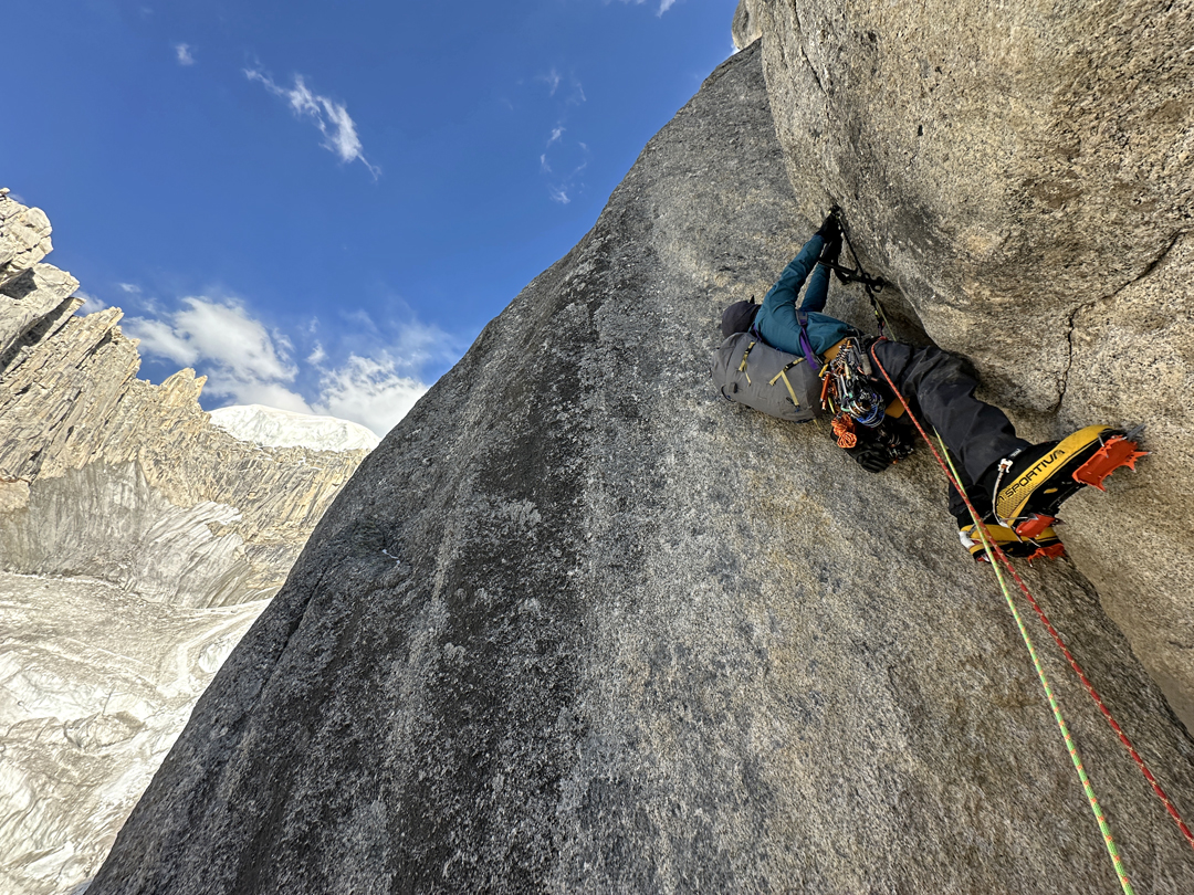 Steep mixed climbing on the first day of the ascent of the north-northwest buttress of Billee Kangri. 