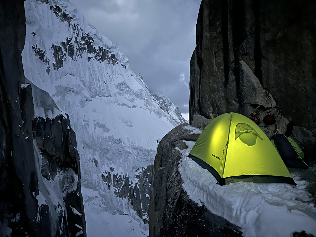 The second bivy on the north-northwest buttress of Billee Kangri, tucked behind a granite tower. 