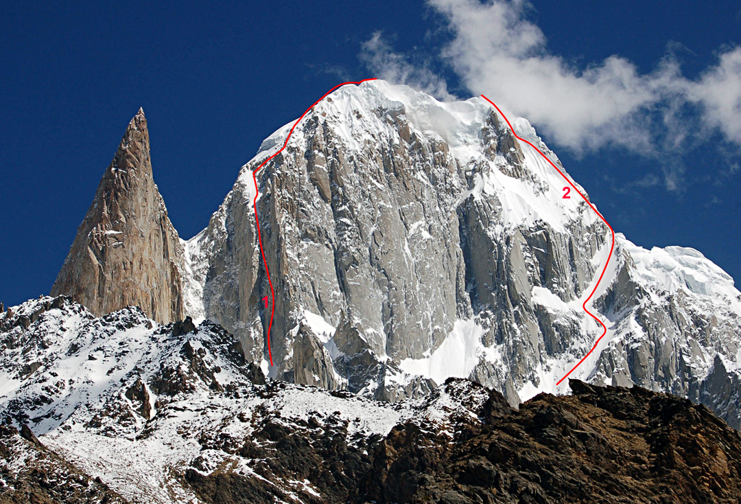 The rock spire of Bublimotin (5,995m, left) and Hunza Peak (6,270m) from the southeast. The mountain has various snowy tops of roughly equal height. The original (1991) route on Hunza Peak reached the col between Bublimotin and Hunza from the far side and climbed the ridge above to the top. (1) Sujo on the southeast face and southwest ridge (2009). (2) Eid al-Adha on the southeast face (2025)
