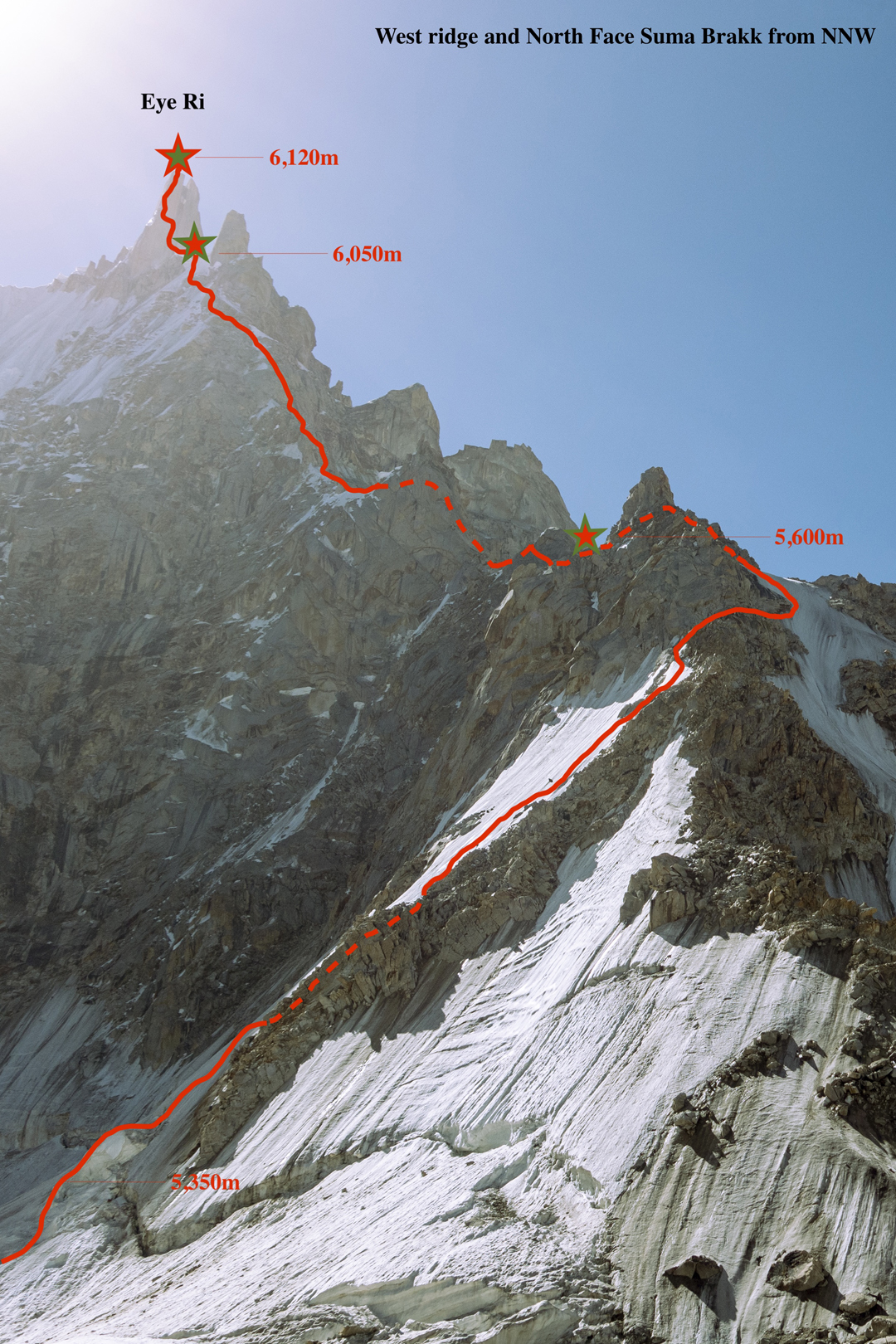 Eye Ri or Suma Brakk West and the route on the first ascent up the northwest face and west ridge. 