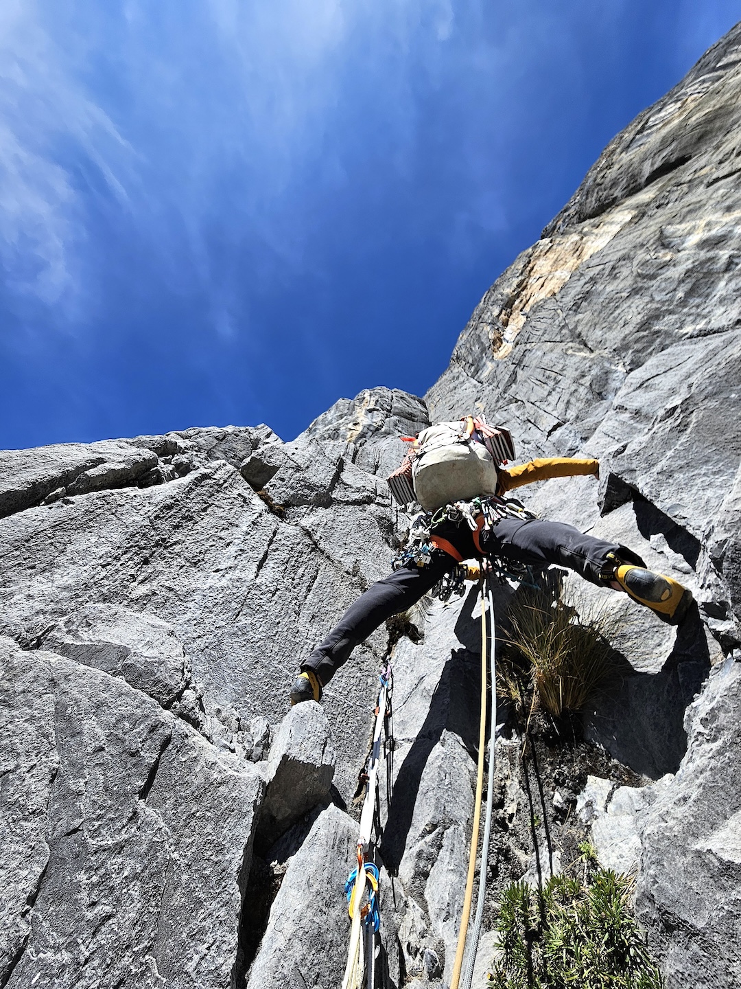 Iker Pou starting up a dihedral (roughly V+) on a lower part of Kuntur. 