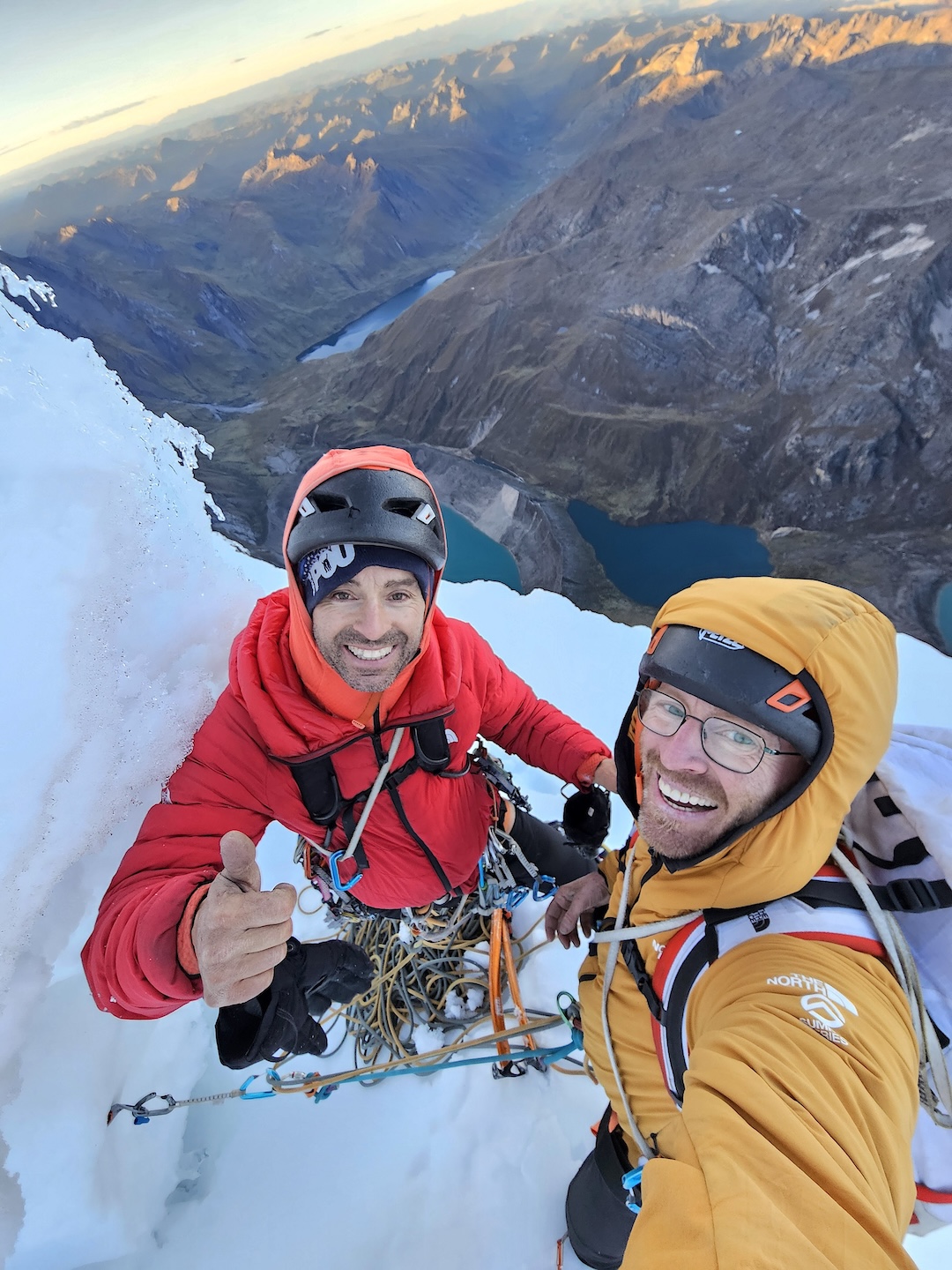 Brothers Iker and Eneko Pou on the northeast summit of Jurau A (5,560m) after climbing their new route Kuntur.