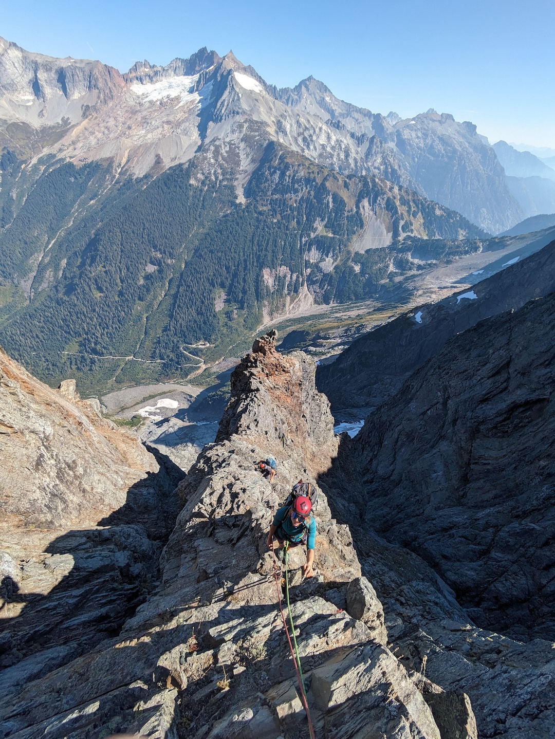 Climbing the upper ridge of Route 66 on the northeast face of Johannesburg Mountain. 