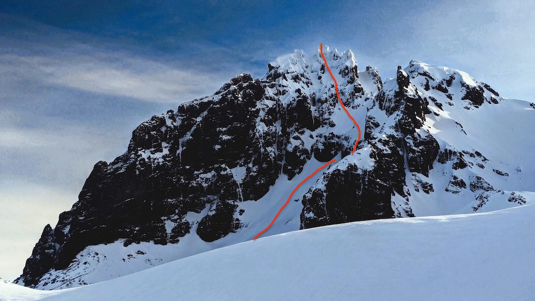 On April 14, 2025, Eric Wehrly made the probable first complete ski descent of Lincoln Peak (9,080’+), via the X Couloir on the southwest face. This photo was taken the day of the descent. 