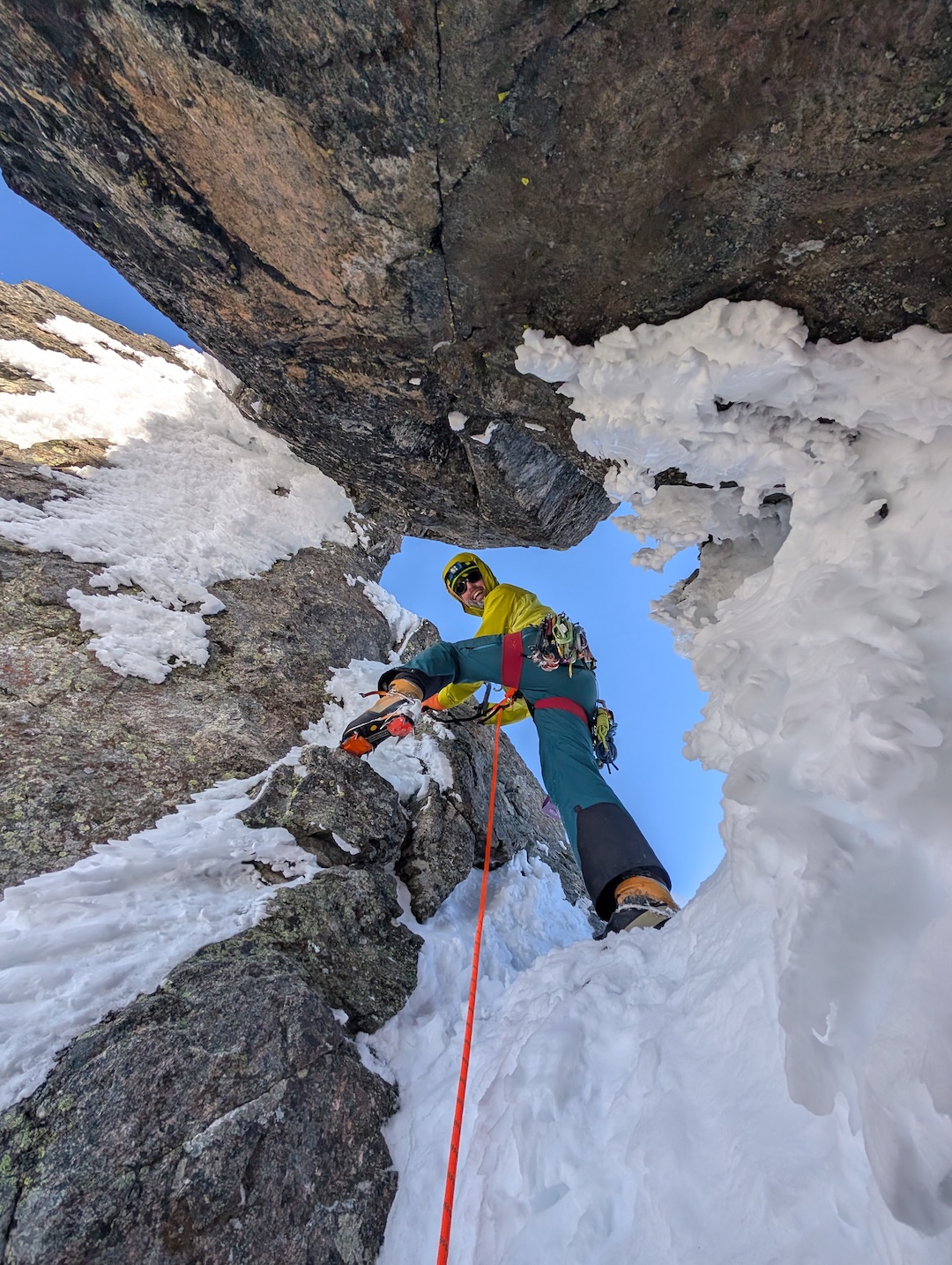 Nick Roy at the M1 crux on the south face of Redoubt. 